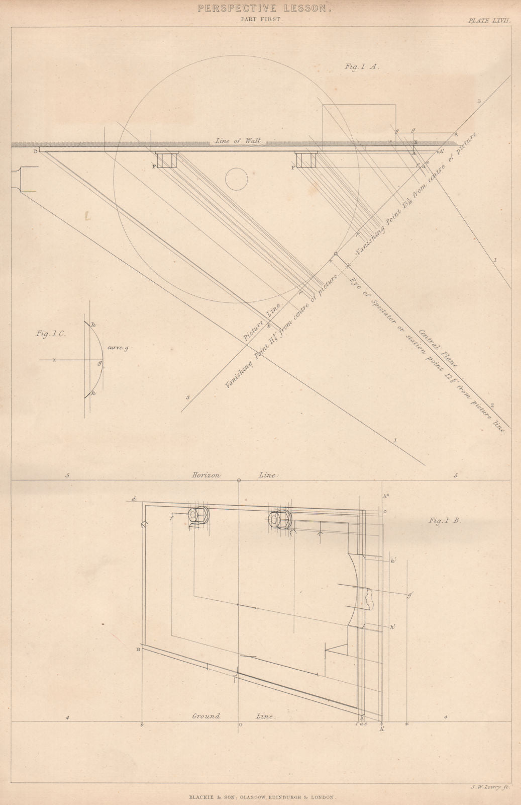 VICTORIAN ENGINEERING DRAWING. Perspective Lesson. Part first 1876 old print